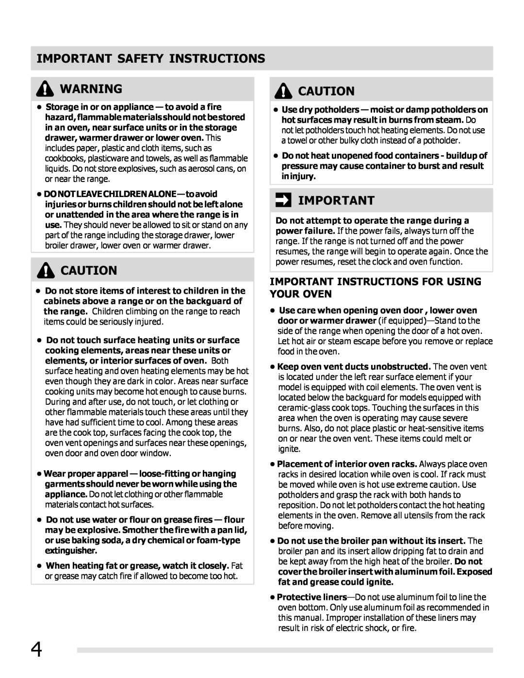 Frigidaire FFEF3019MS, FFEF3019MB, FFEF3019MW Important Instructions For Using Your Oven, Important Safety Instructions 