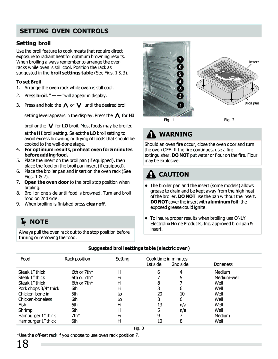 Frigidaire FFEF3020LW, FFEF3020LB, FFEF3050LS Setting broil, To set Broil, Suggested broil settings table electric oven 