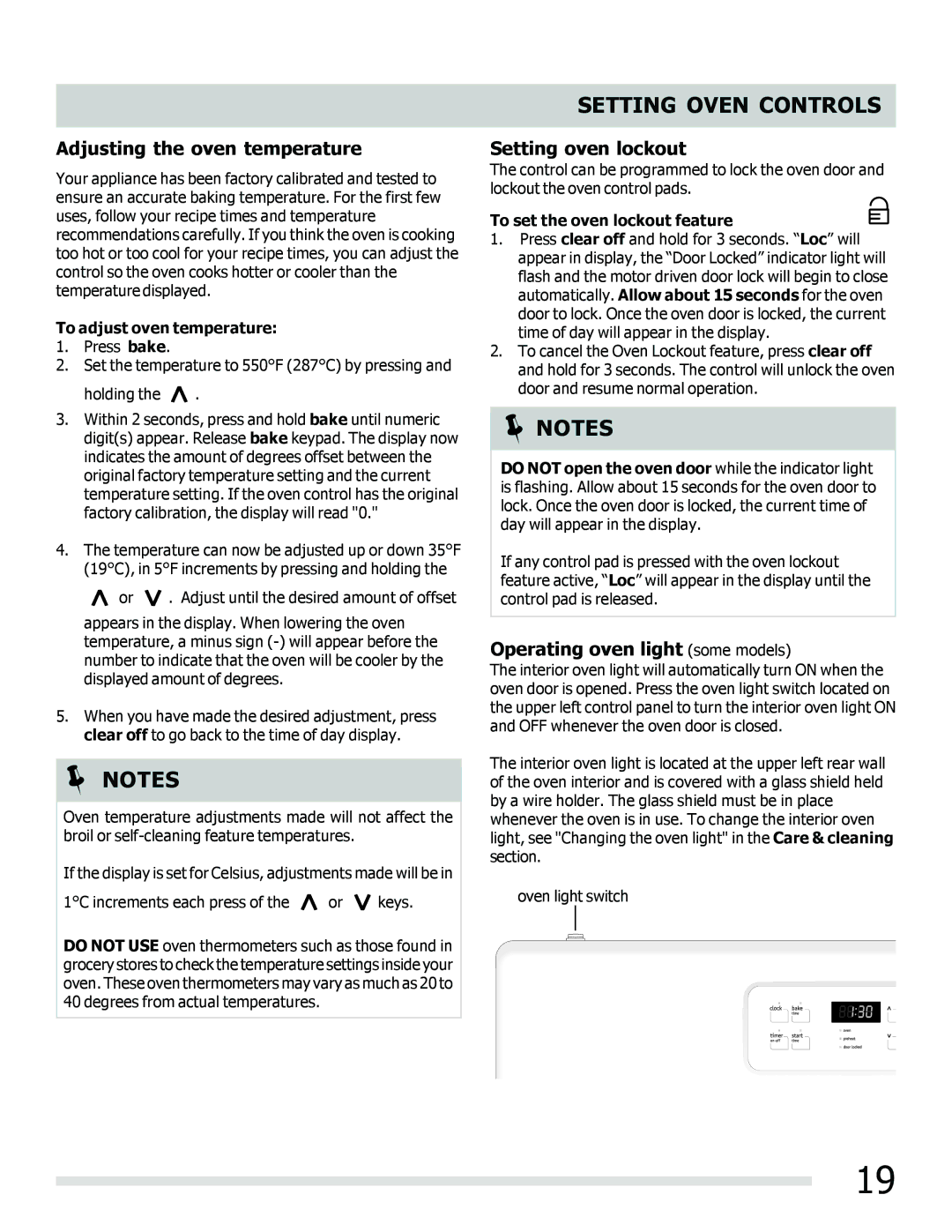 Frigidaire FFEF3020LB, FFEF3020LW Adjusting the oven temperature, Setting oven lockout, Operating oven light some models 