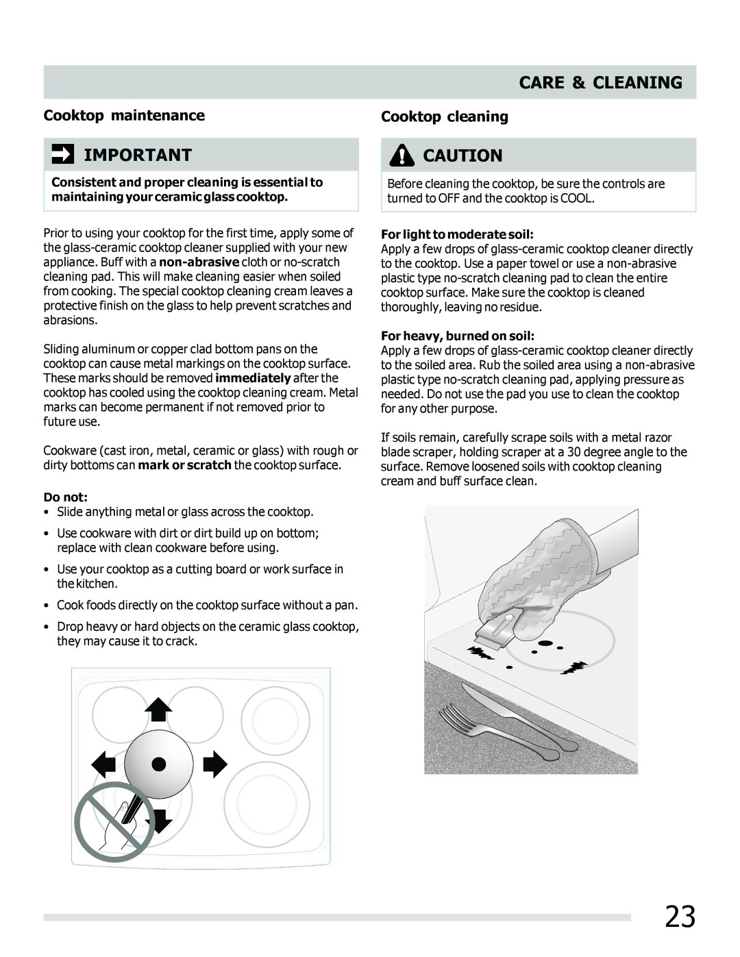 Frigidaire FFEF3050LS Cooktop maintenance, Cooktop cleaning, Do not, For light to moderate soil, For heavy, burned on soil 