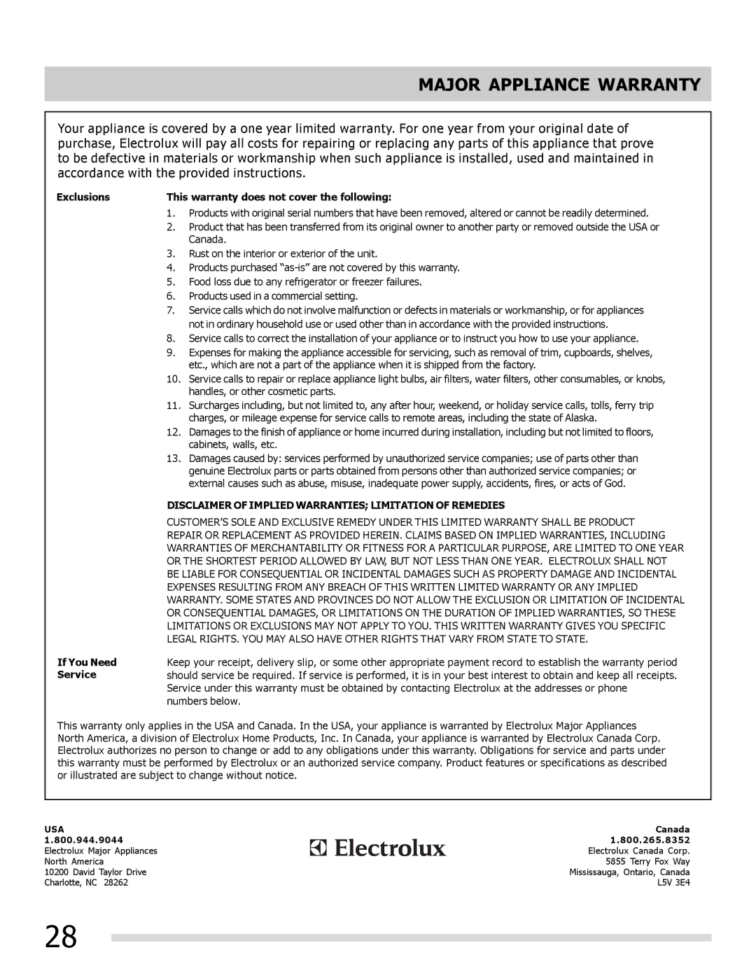 Frigidaire FFEF3020LB, FFEF3020LW Major Appliance Warranty, Exclusions This warranty does not cover the following 