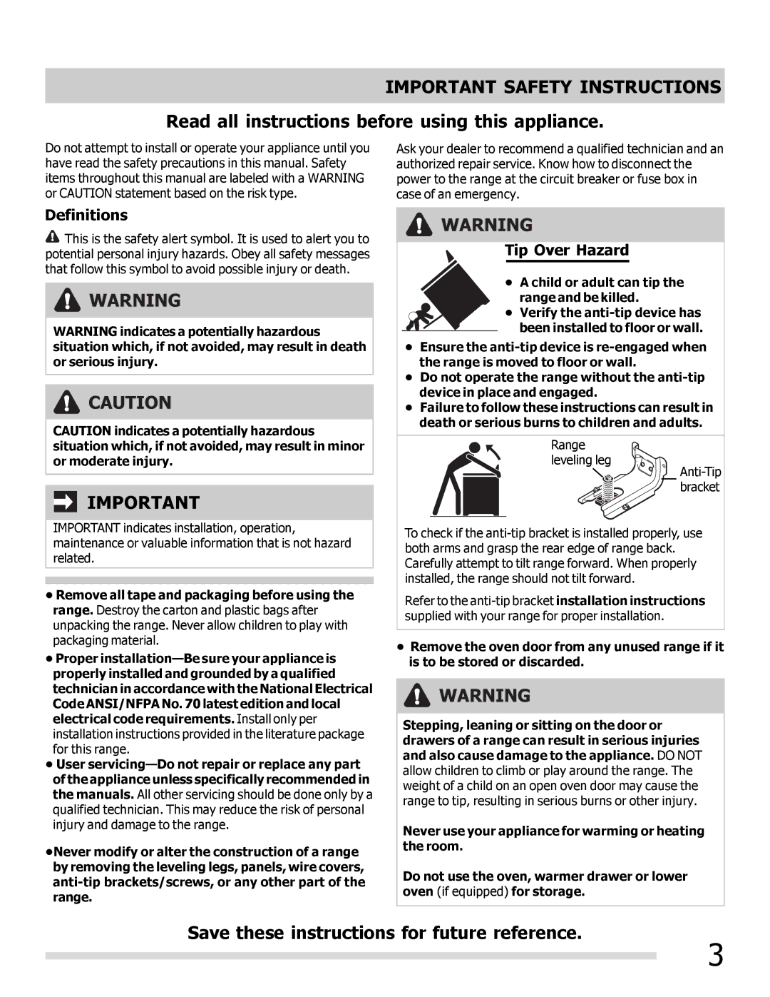 Frigidaire FFEF3020LW, FFEF3020LB, FFEF3050LS Important Safety Instructions, Definitions, Tip Over Hazard 