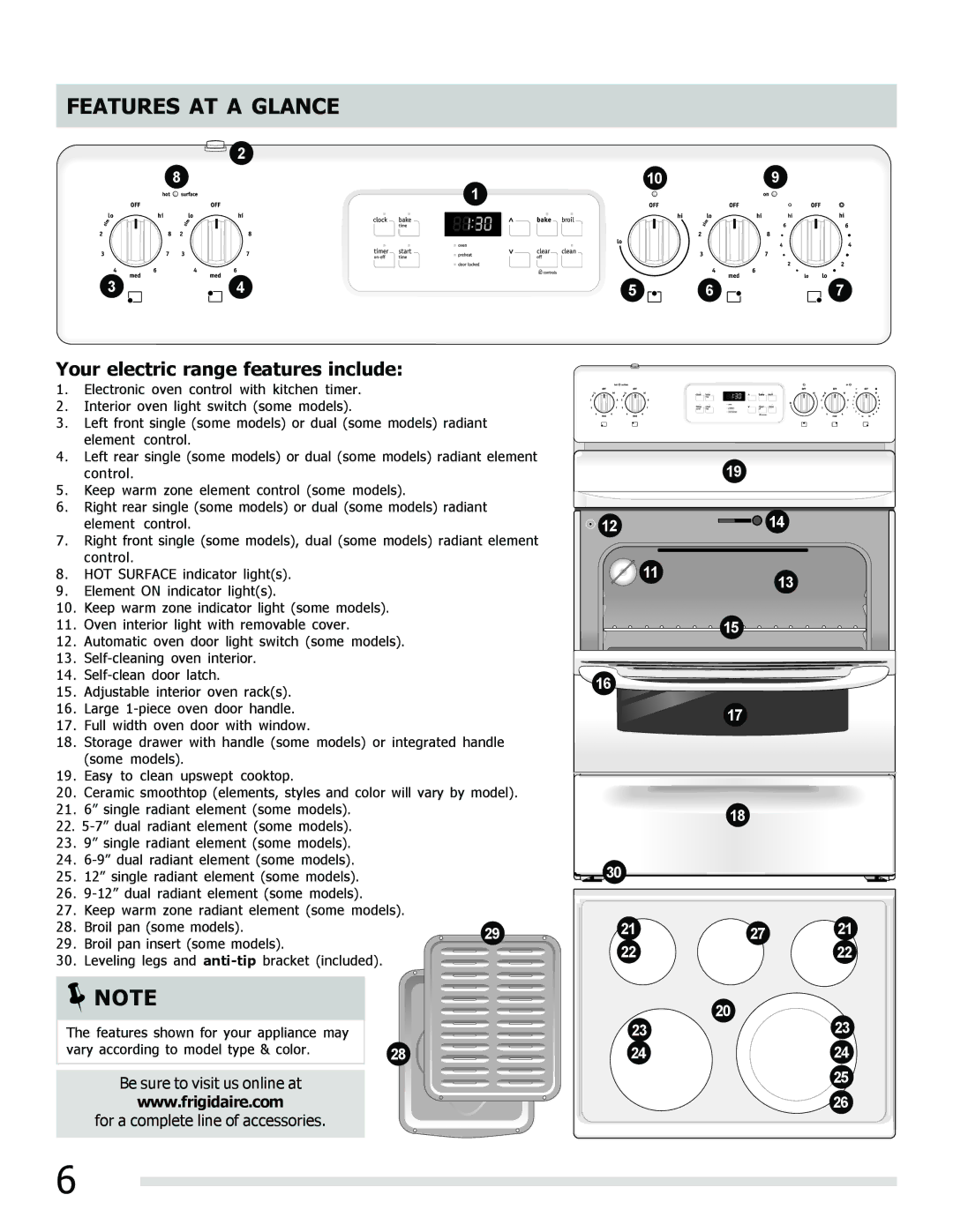 Frigidaire FFEF3020LW, FFEF3020LB, FFEF3050LS Features AT a Glance, Your electric range features include 