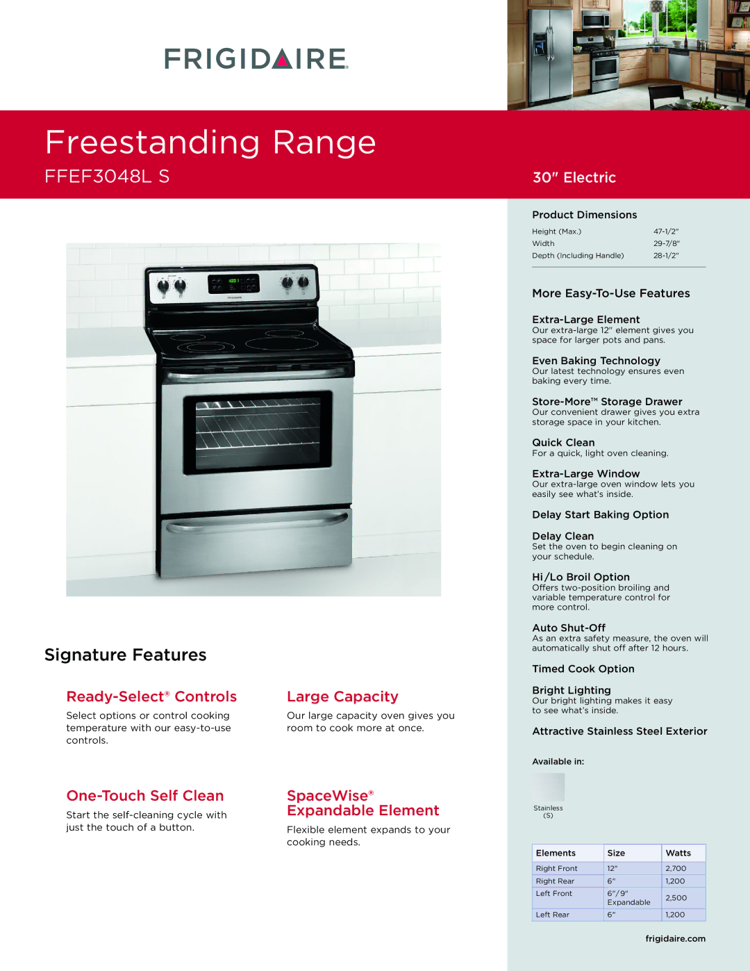 Frigidaire FFEF3048L S dimensions Product Dimensions, Extra-Large Element, Even Baking Technology, Quick Clean 