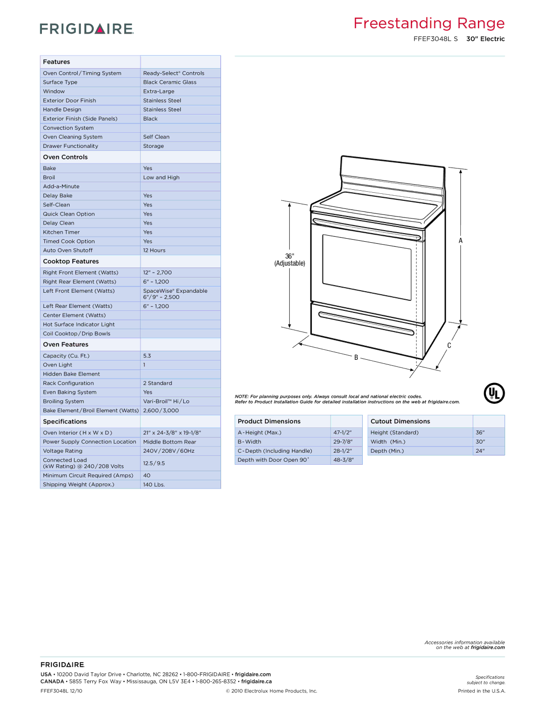 Frigidaire FFEF3048L S dimensions Freestanding Range, Adjustable 