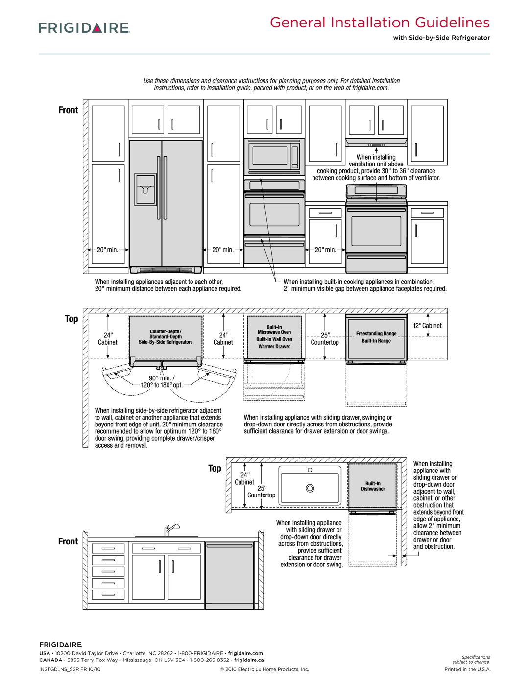 Frigidaire FFEF3048L S dimensions General Installation Guidelines, Top Front 