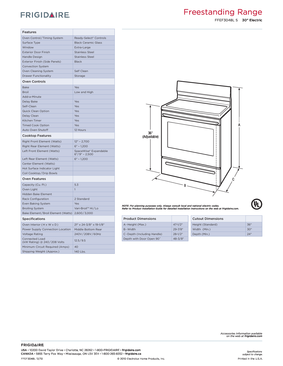 Frigidaire dimensions Freestanding Range, A 36 Adjustable C B, FFEF3048L S 30 Electric 