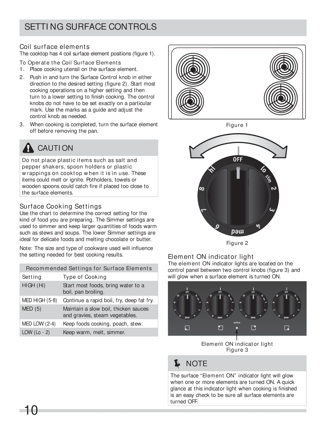 Frigidaire FFEF4005LW, FFEF4017LB, FFEF3000MW Setting Surface Controls, Coil surface elements, Surface Cooking Settings 