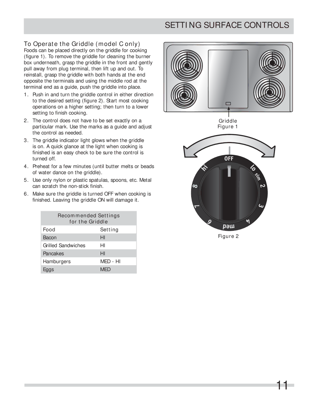 Frigidaire FFEF4015LW, FFEF4017LB To Operate the Griddle model C only, Recommended Settings For the Griddle Food 