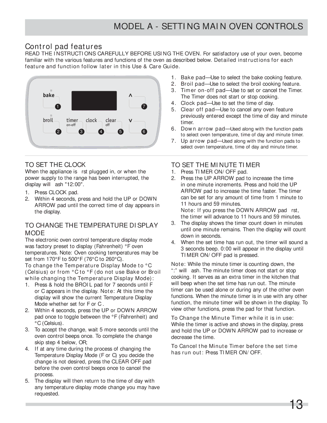 Frigidaire FFEF3000MW Model a Setting Main Oven Controls, To SET the Clock, To Change the Temperature Display Mode 