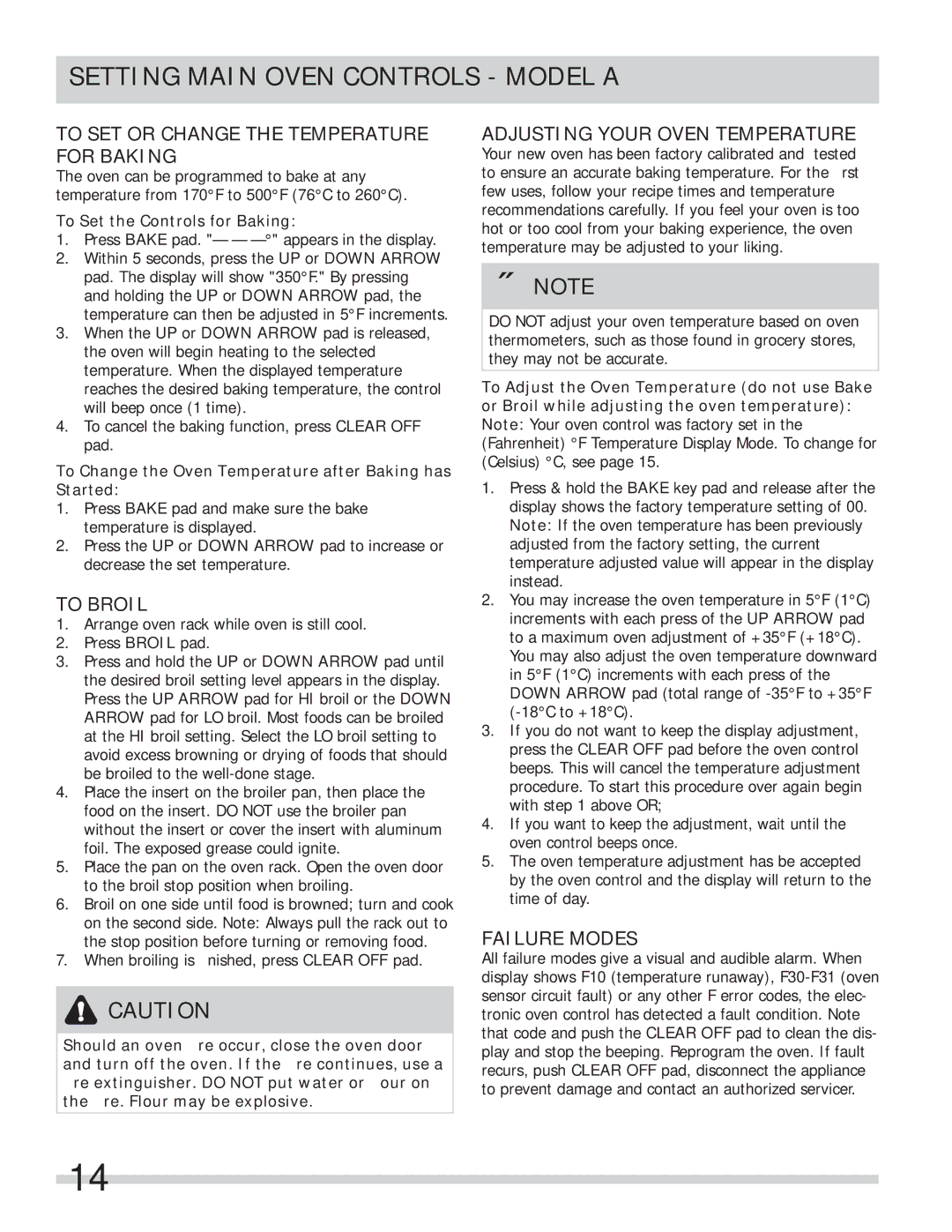 Frigidaire FFEF4005LW Setting Main Oven Controls Model a, To SET or Change the Temperature for Baking, To Broil 