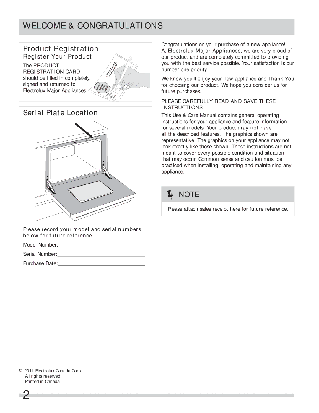 Frigidaire FFEF4005LW, FFEF4017LB, FFEF3000MW, FFEF4015LW Welcome & Congratulations, Register Your Product 