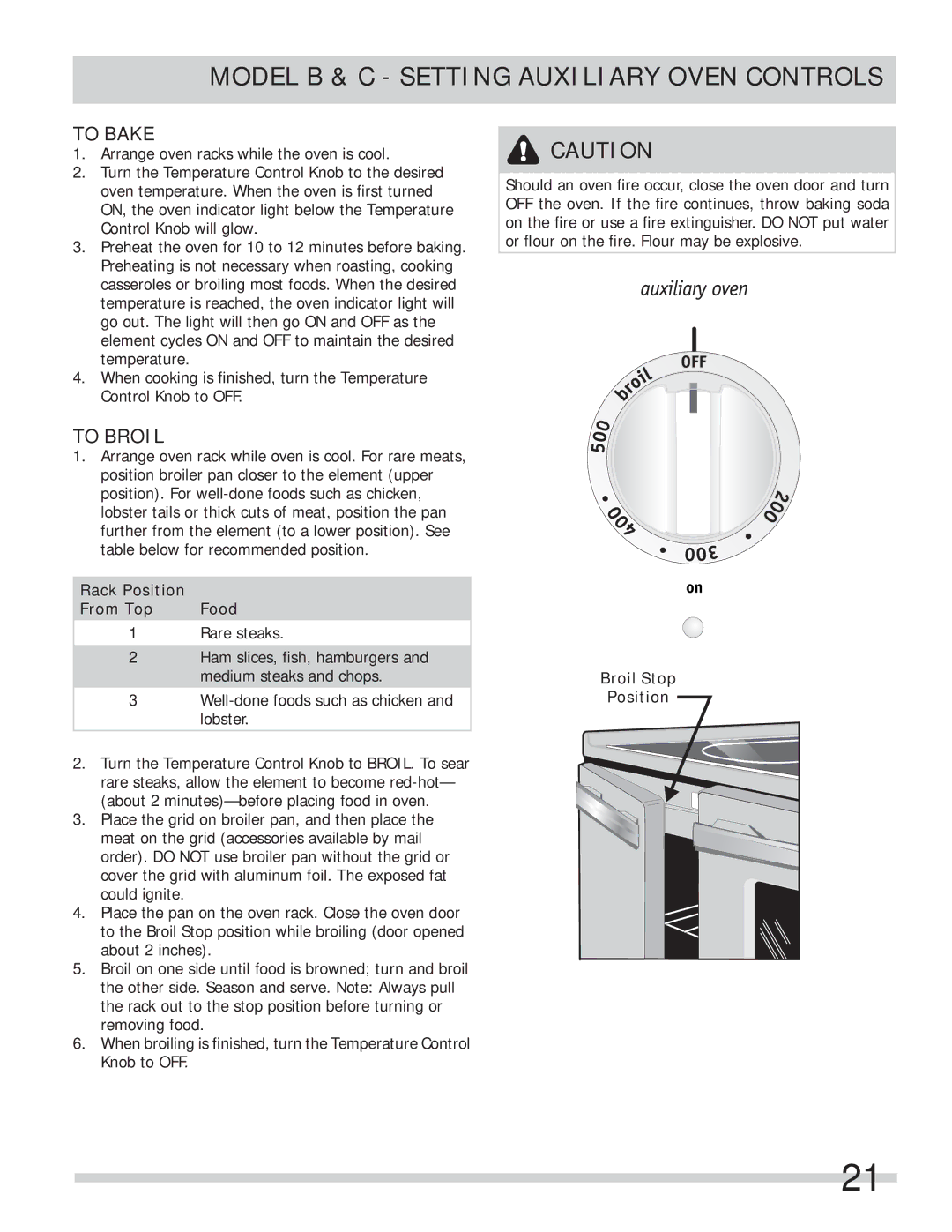 Frigidaire FFEF3000MW, FFEF4017LB Model B & C Setting Auxiliary Oven Controls, To Bake, Rack Position From Top Food 