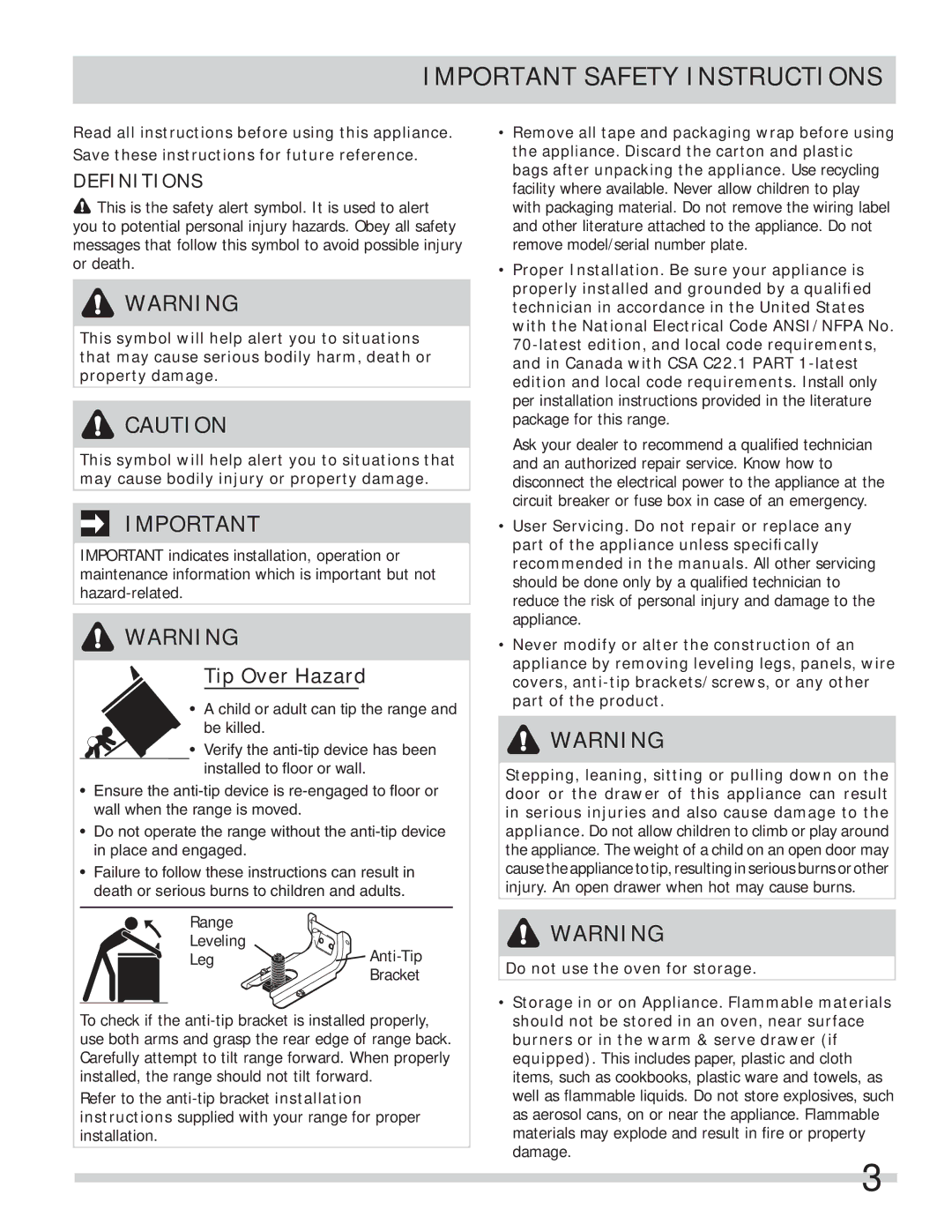 Frigidaire FFEF4015LW, FFEF4017LB, FFEF3000MW, FFEF4005LW Important Safety Instructions, Definitions 