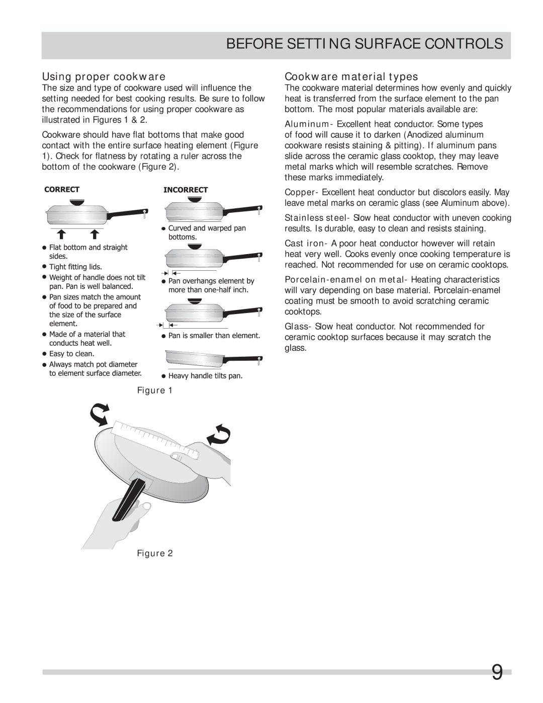 Frigidaire FFEF3000MW, FFEF4017LB Before Setting Surface Controls, Using proper cookware, Cookware material types 