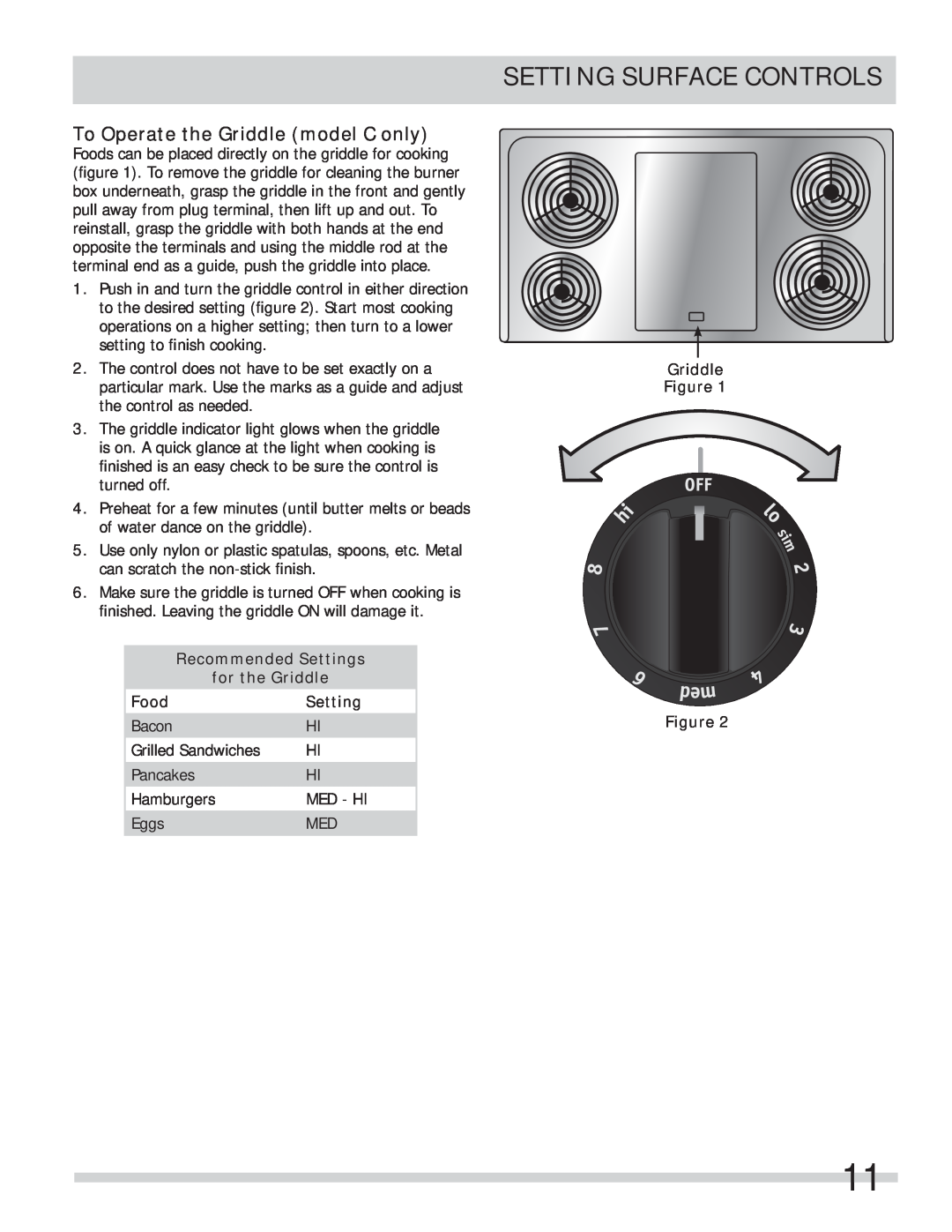 Frigidaire FFEF4015LW To Operate the Griddle model C only, Setting Surface Controls, Recommended Settings for the Griddle 