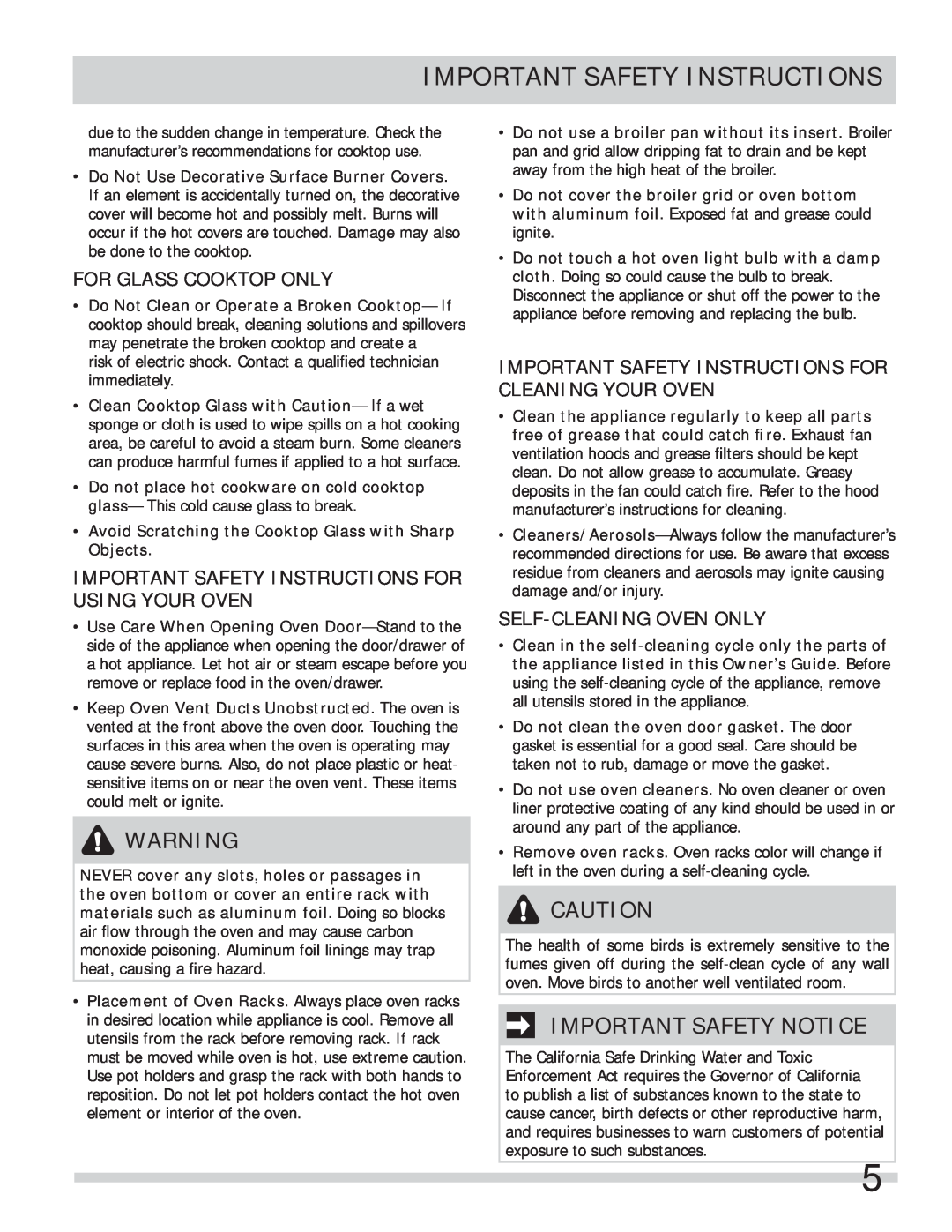 Frigidaire FFEF3000MW Important Safety Notice, For Glass Cooktop Only, Important Safety Instructions For Using Your Oven 