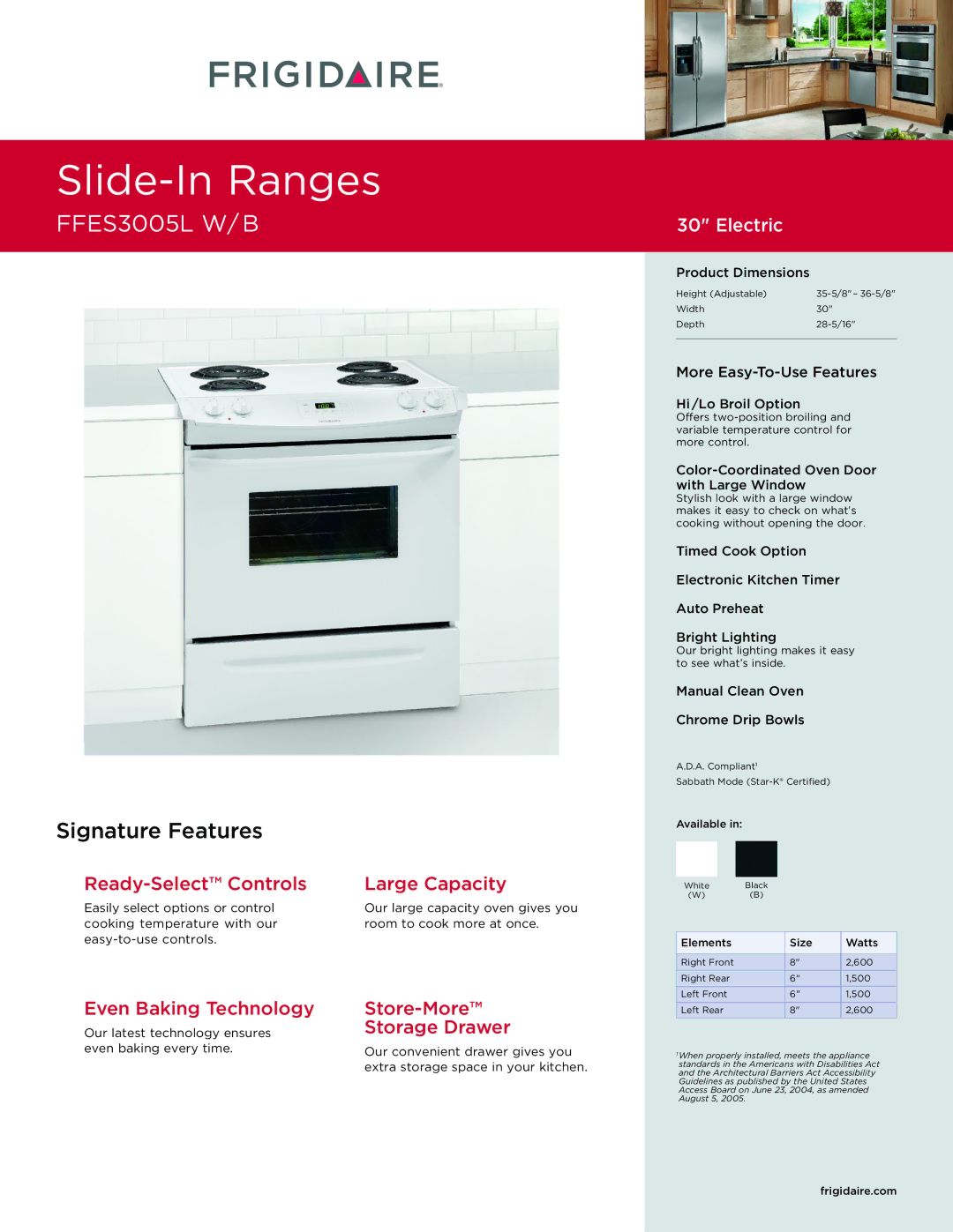 Frigidaire FFES3005L W/B dimensions Our latest technology ensures, Product Dimensions, Hi /Lo Broil Option 