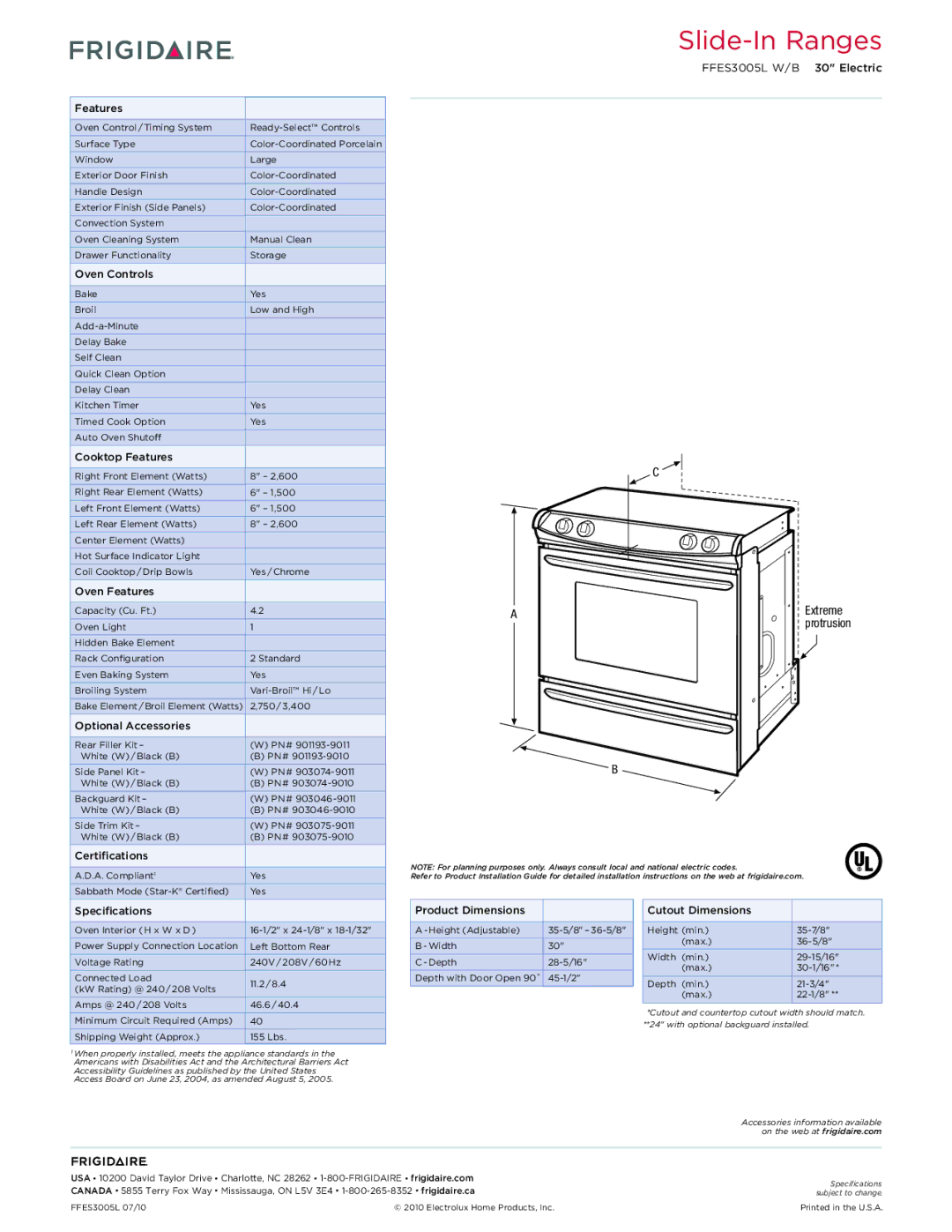 Frigidaire FFES3005L W/B dimensions Extreme 