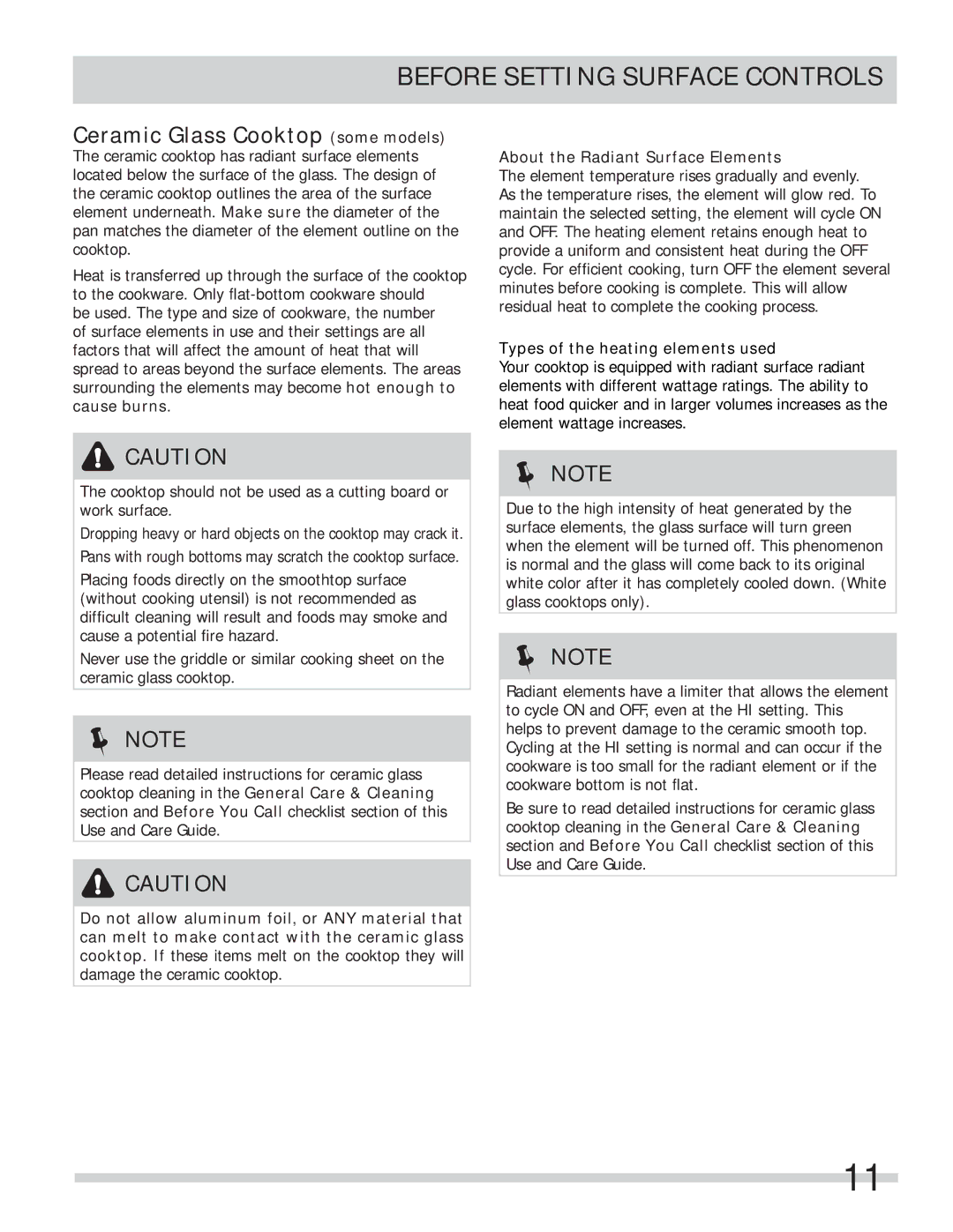 Frigidaire FFES3015LW, FFES3025LB, FFES3005LW, FFES3015LB Before Setting Surface Controls, Ceramic Glass Cooktop some models 