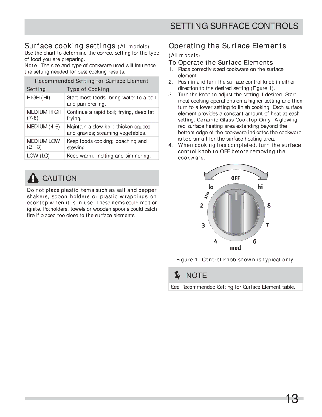 Frigidaire FFES3015LS Setting Surface Controls, Surface cooking settings All models, Operating the Surface Elements 