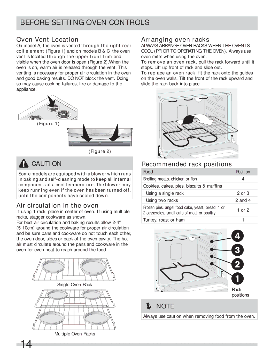 Frigidaire FFES3025LW Before Setting Oven Controls, Oven Vent Location, Arranging oven racks, Air circulation in the oven 