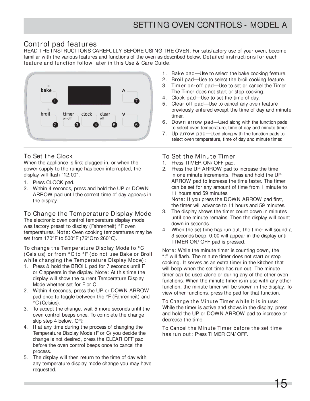 Frigidaire FFES3025LS Setting Oven Controls Model a, Control pad features, To Set the Clock, To Set the Minute Timer 