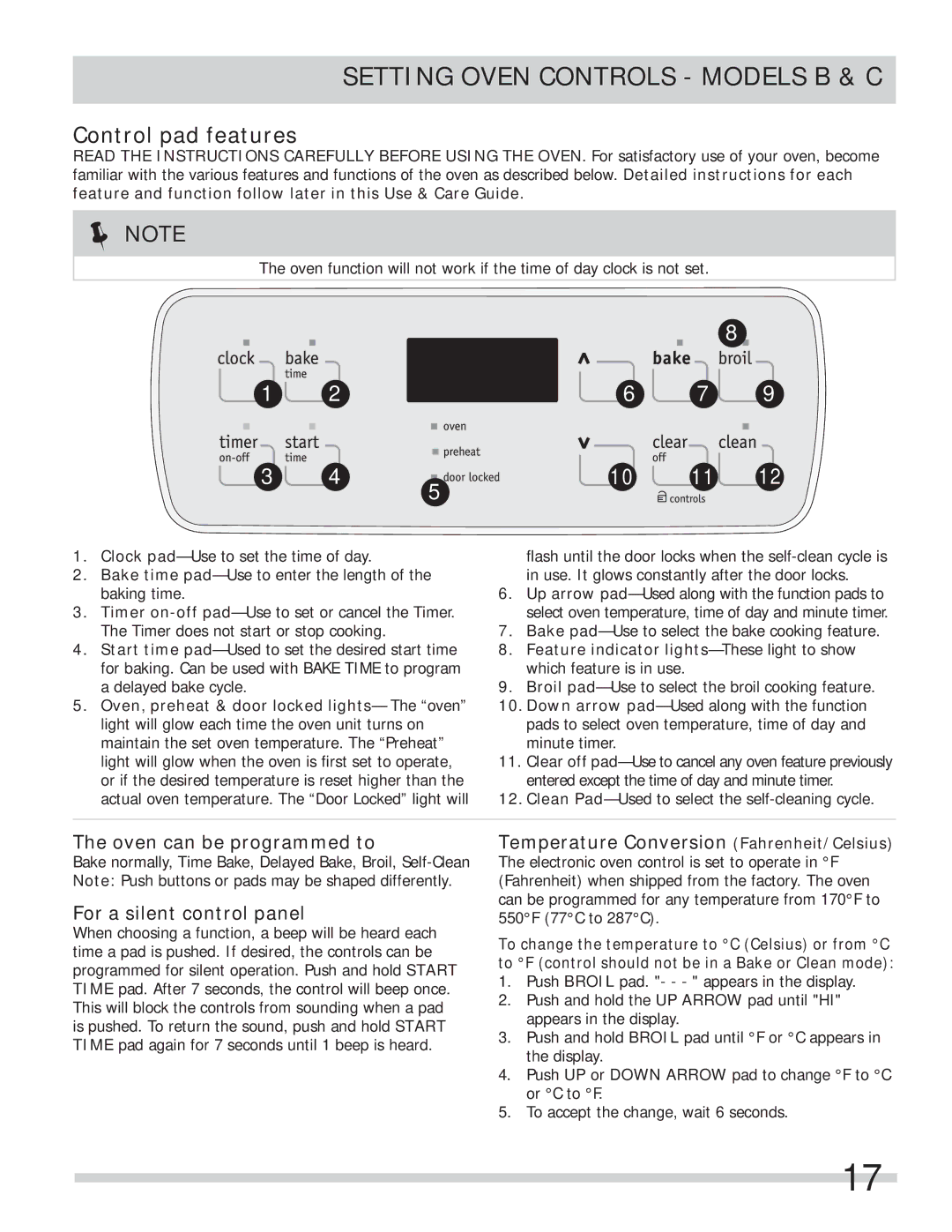 Frigidaire FFES3005LW Setting Oven Controls Models B & C, Oven can be programmed to, For a silent control panel 