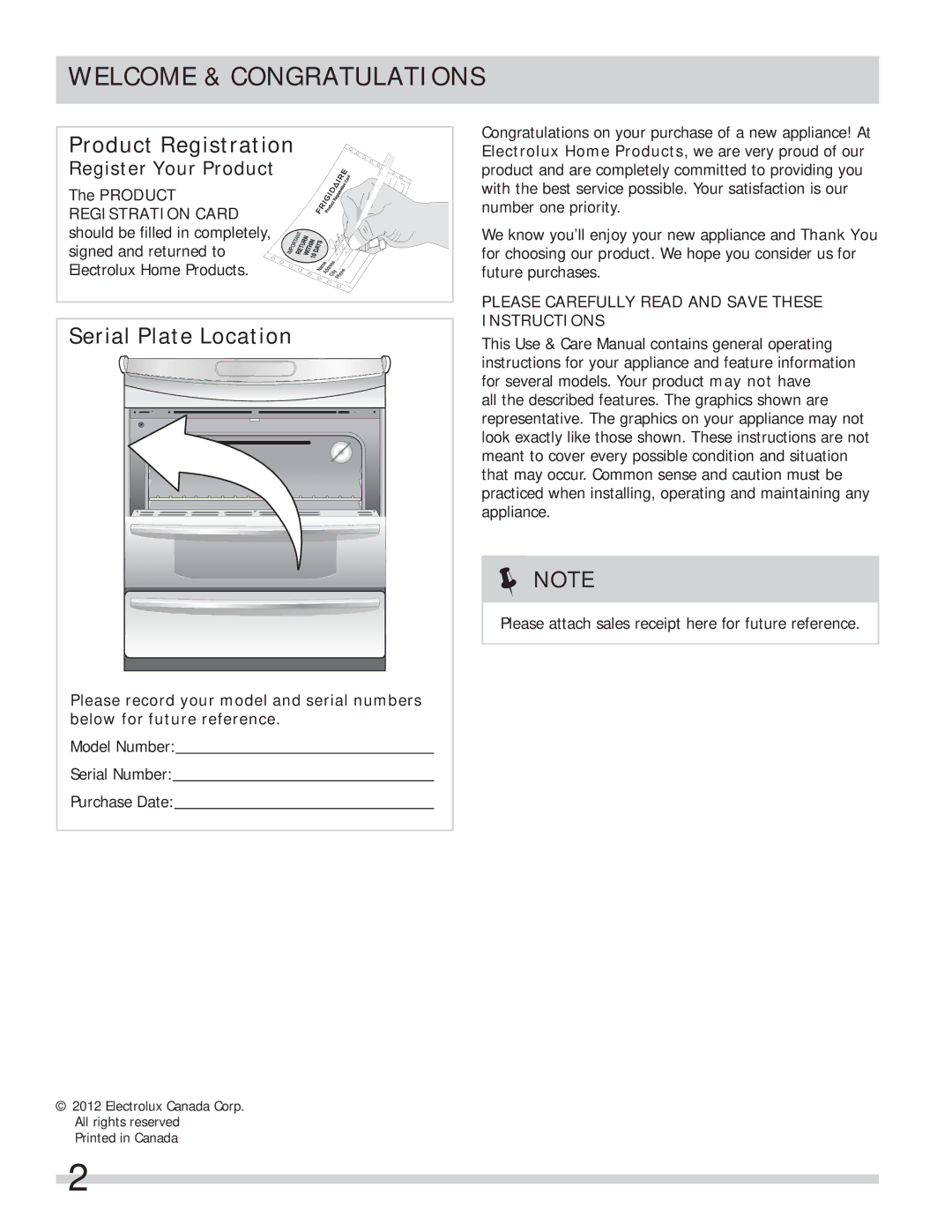 Frigidaire FFES3015LB Welcome & Congratulations, Product Registration, Serial Plate Location, Register Your Product 