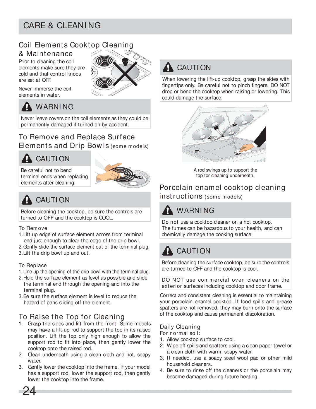 Frigidaire FFES3025LB Care & Cleaning, Coil Elements Cooktop Cleaning & Maintenance, To Raise the Top for Cleaning 