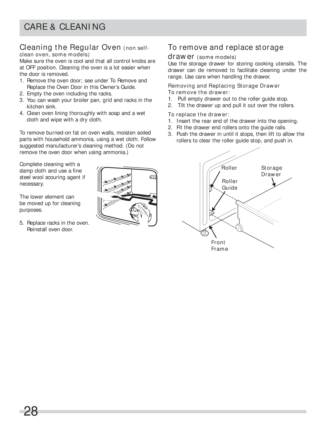 Frigidaire FFES3005LB, FFES3025LB Cleaning the Regular Oven non self, Clean oven, some models, To replace the drawer 