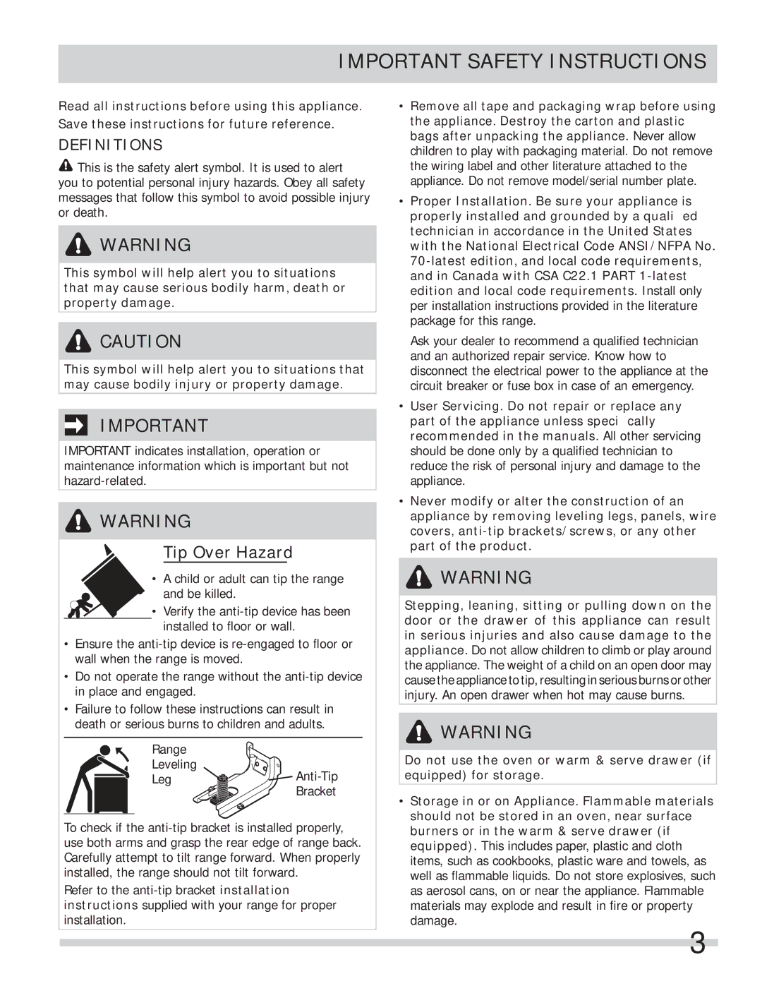 Frigidaire FFES3015LW, FFES3025LB, FFES3005LW, FFES3015LB, FFES3005LB, FFES3015LS Important Safety Instructions, Definitions 