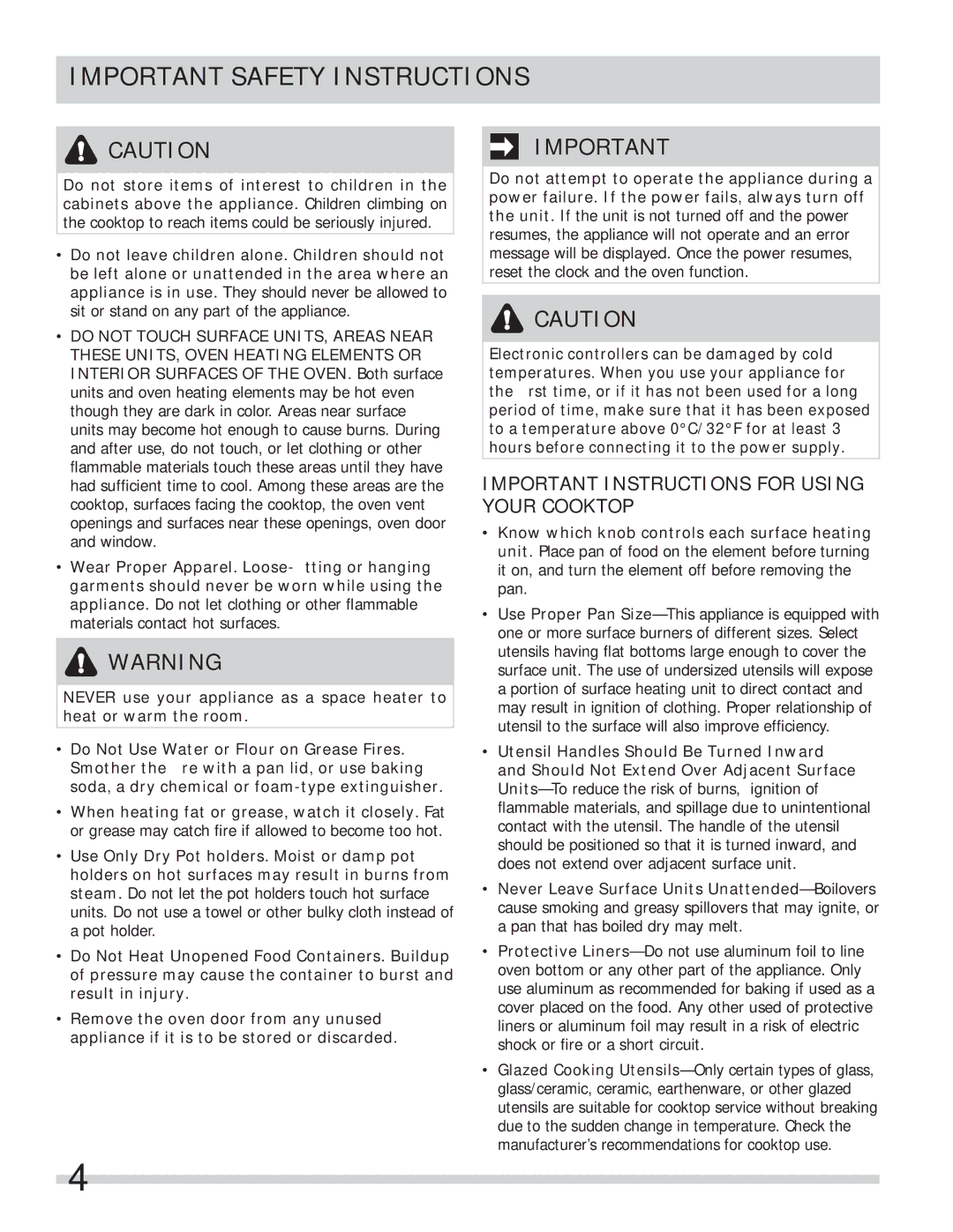 Frigidaire FFES3005LB, FFES3025LB, FFES3005LW, FFES3015LB, FFES3015LW Important Instructions for Using Your Cooktop 