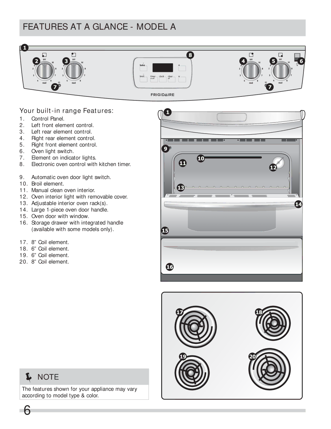 Frigidaire FFES3025LW, FFES3025LB, FFES3005LW, FFES3015LB Features AT a Glance Model a, Your built-in range Features 