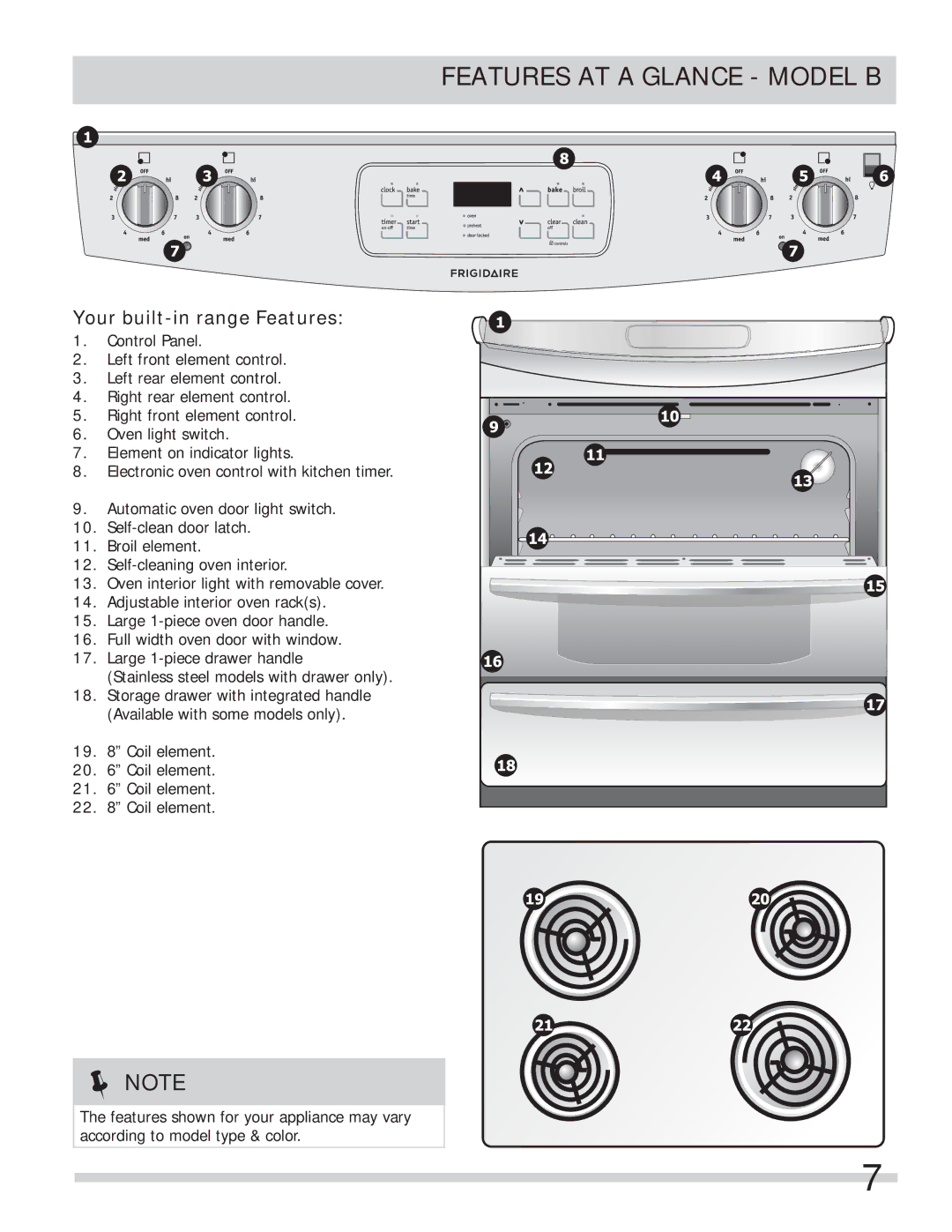 Frigidaire FFES3025LS, FFES3025LB, FFES3005LW, FFES3015LB, FFES3015LW, FFES3005LB, FFES3015LS Features AT a Glance Model B 