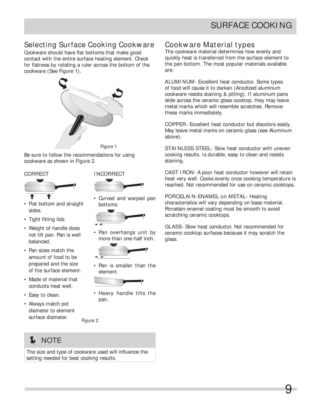 Frigidaire FFES3005LW, FFES3025LB Selecting Surface Cooking Cookware, Cookware Material types, Correctincorrect 