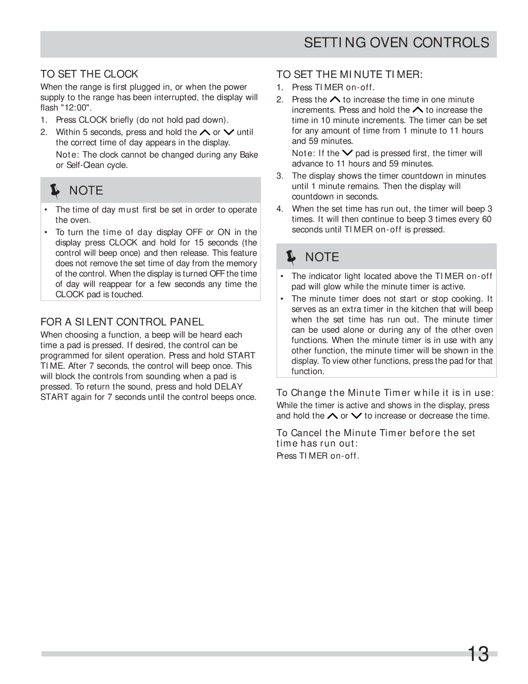 Frigidaire FFES3027LS Setting Oven Controls, To SET the Clock, For a Silent Control Panel, To SET the Minute Timer 