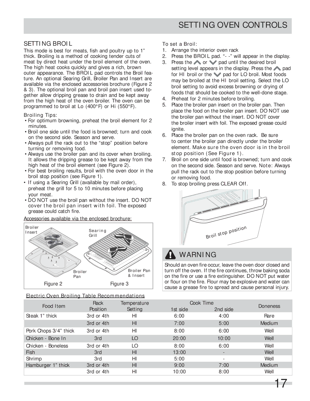 Frigidaire FFES3027LS Setting Broil, Broiling Tips, Electric Oven Broiling Table Recommendations, To set a Broil 