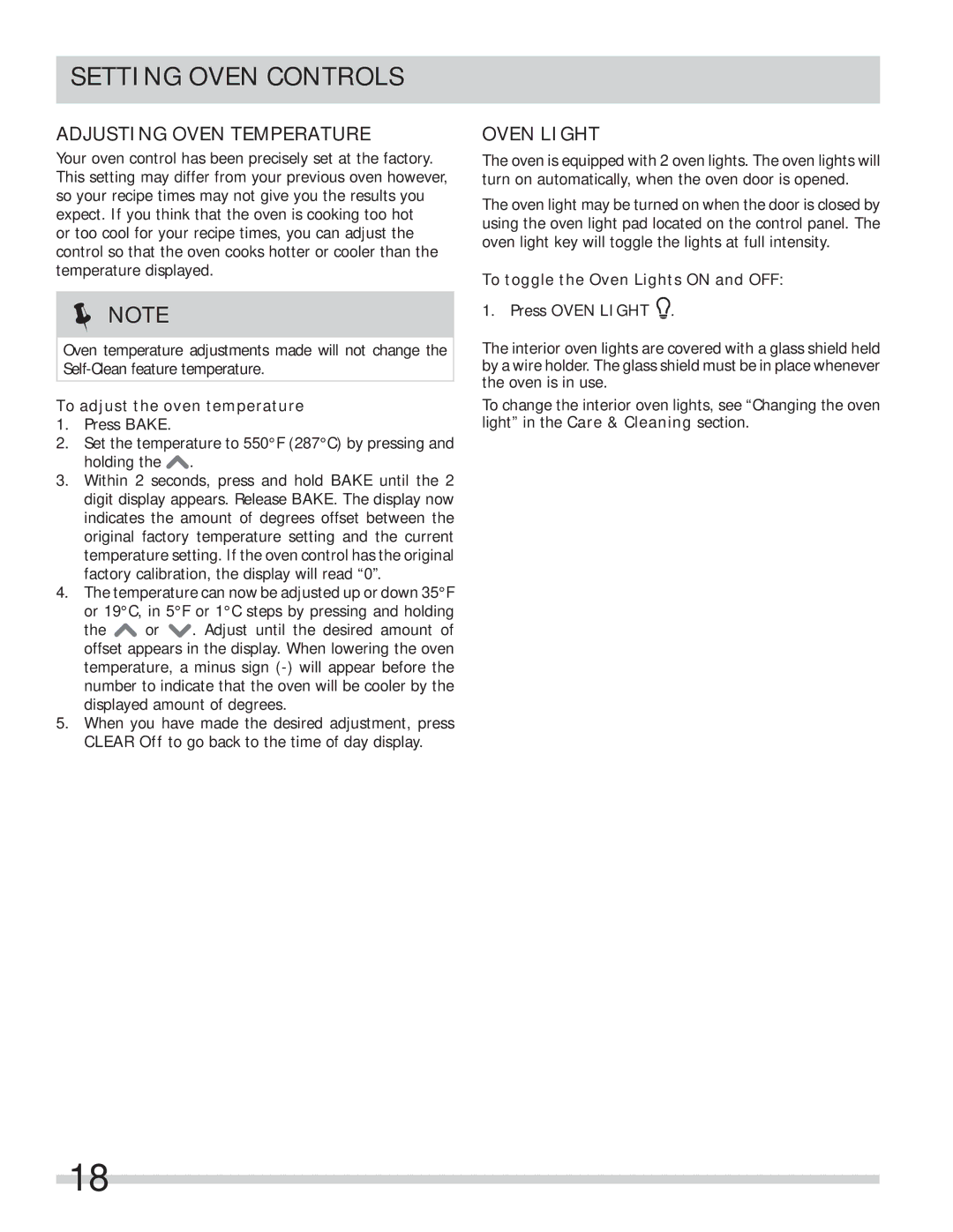 Frigidaire FFES3027LS important safety instructions Adjusting Oven Temperature, Oven Light, To adjust the oven temperature 