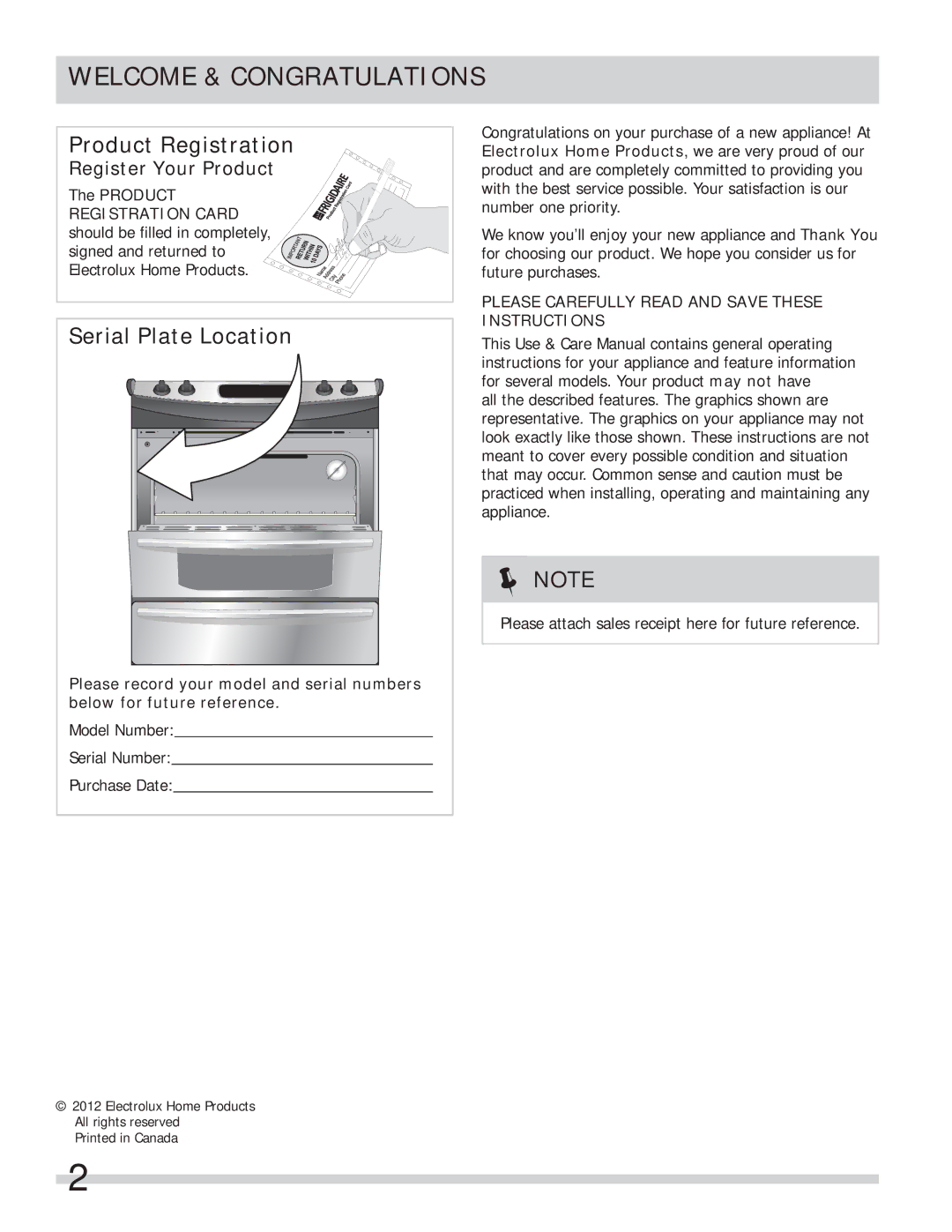 Frigidaire FFES3027LS important safety instructions Welcome & Congratulations, Register Your Product 