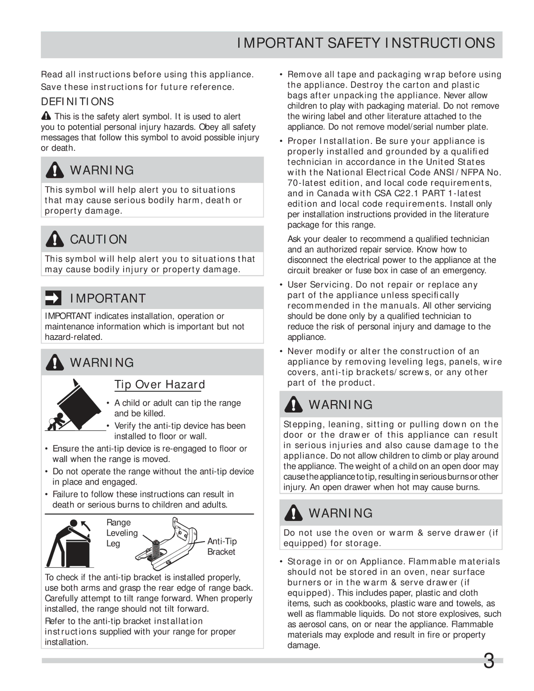 Frigidaire FFES3027LS important safety instructions Important Safety Instructions, Definitions 