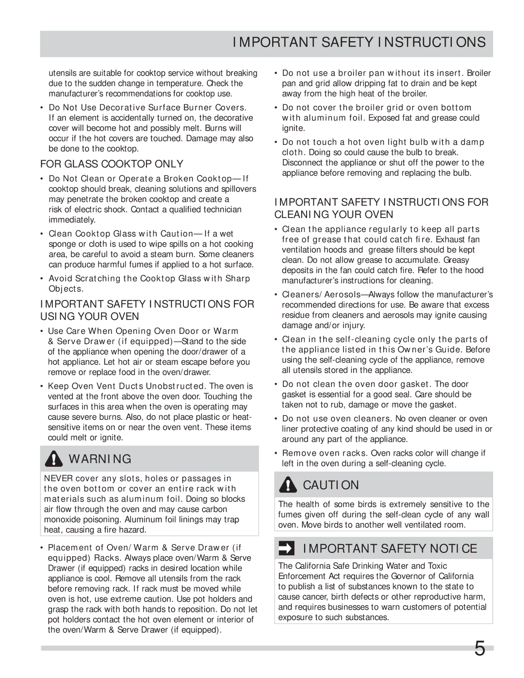 Frigidaire FFES3027LS For Glass Cooktop only, Important Safety Instructions for Using Your Oven 