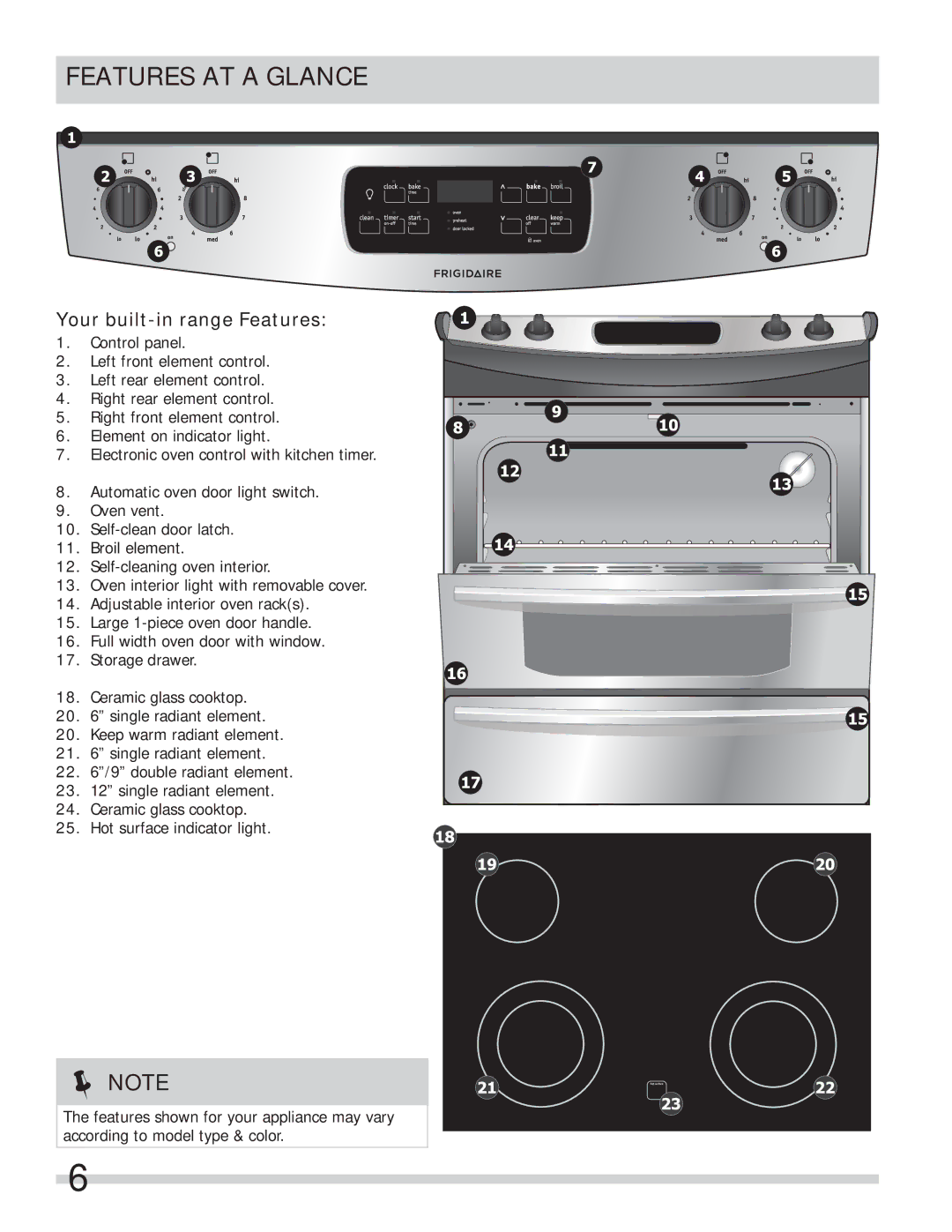 Frigidaire FFES3027LS important safety instructions Features AT a Glance, Your built-in range Features 