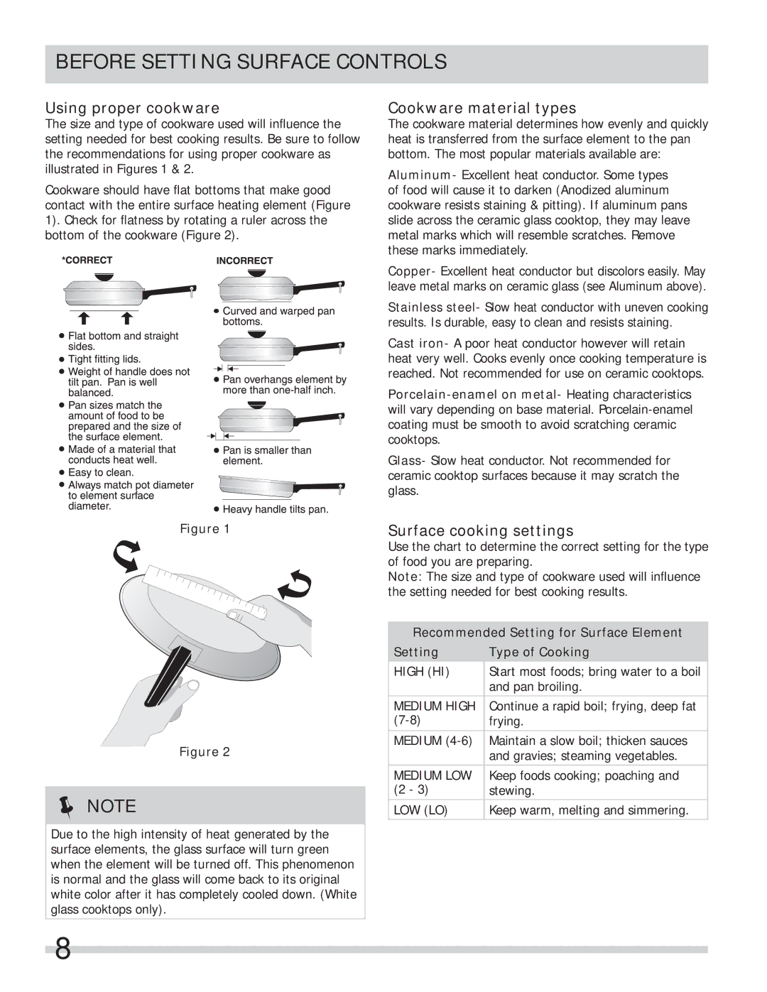 Frigidaire FFES3027LS Using proper cookware, Cookware material types, Surface cooking settings 