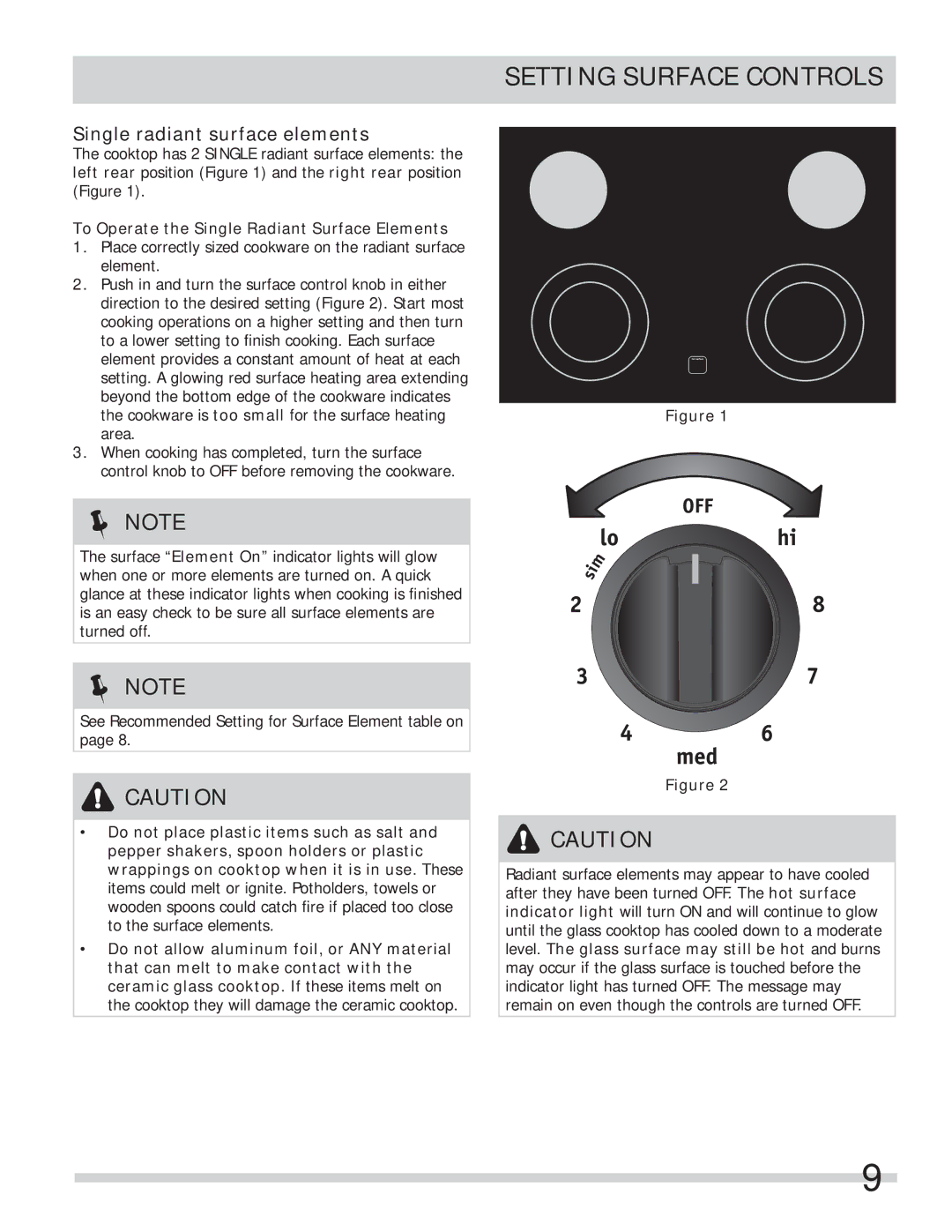 Frigidaire FFES3027LS important safety instructions Setting Surface Controls, Single radiant surface elements 