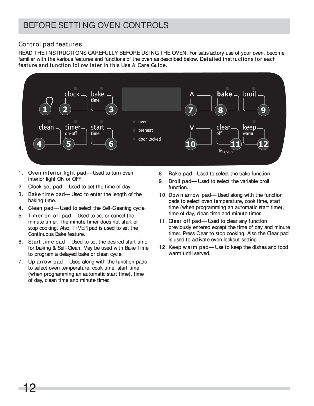 Frigidaire FFES3027LS important safety instructions Control pad features, Before Setting Oven Controls 