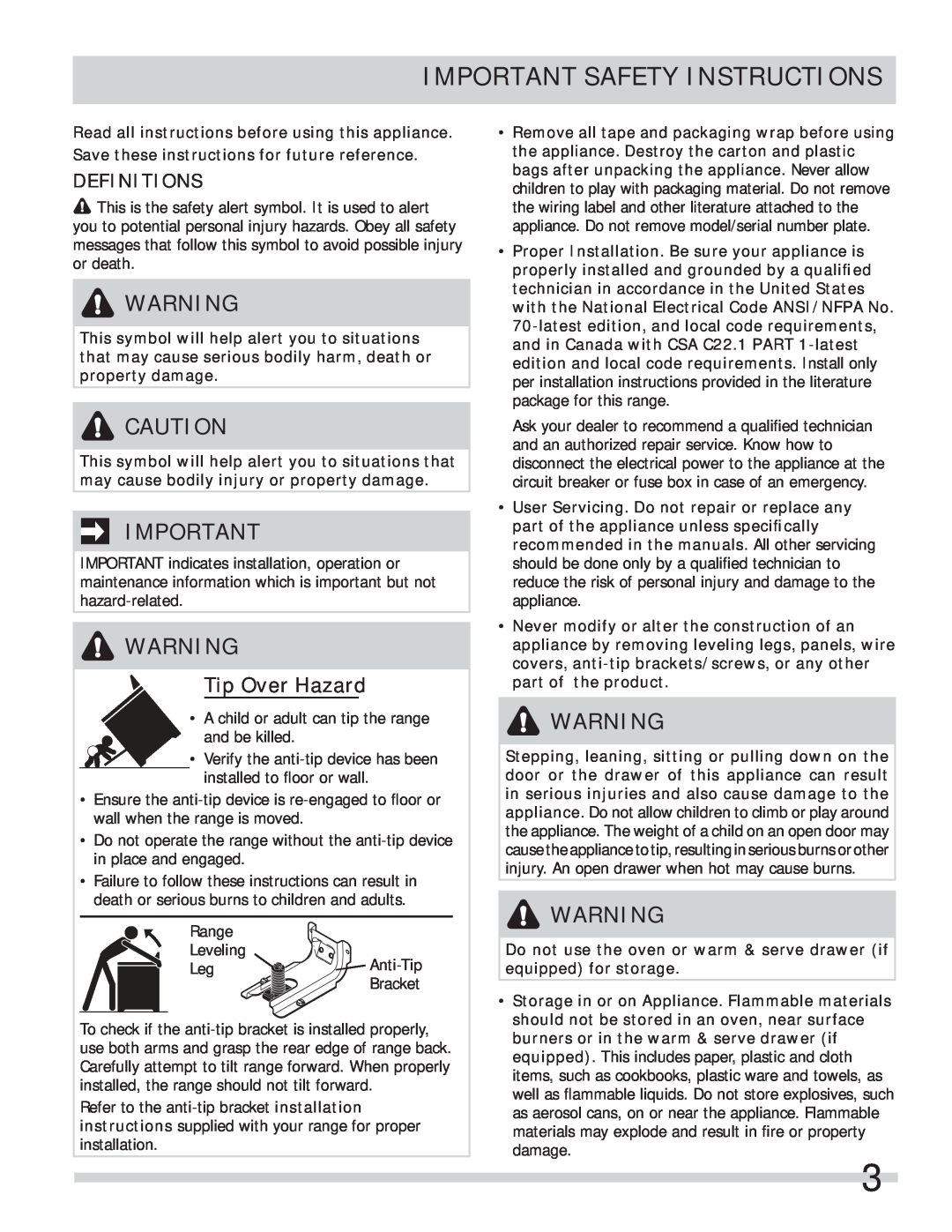 Frigidaire FFES3027LS important safety instructions Important Safety Instructions, Definitions, Tip Over Hazard 