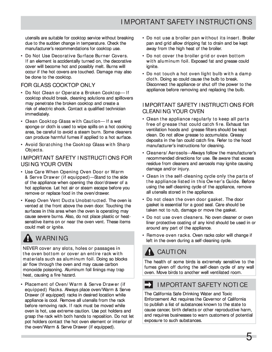 Frigidaire FFES3027LS Important Safety Notice, For Glass Cooktop Only, Important Safety Instructions For Using Your Oven 