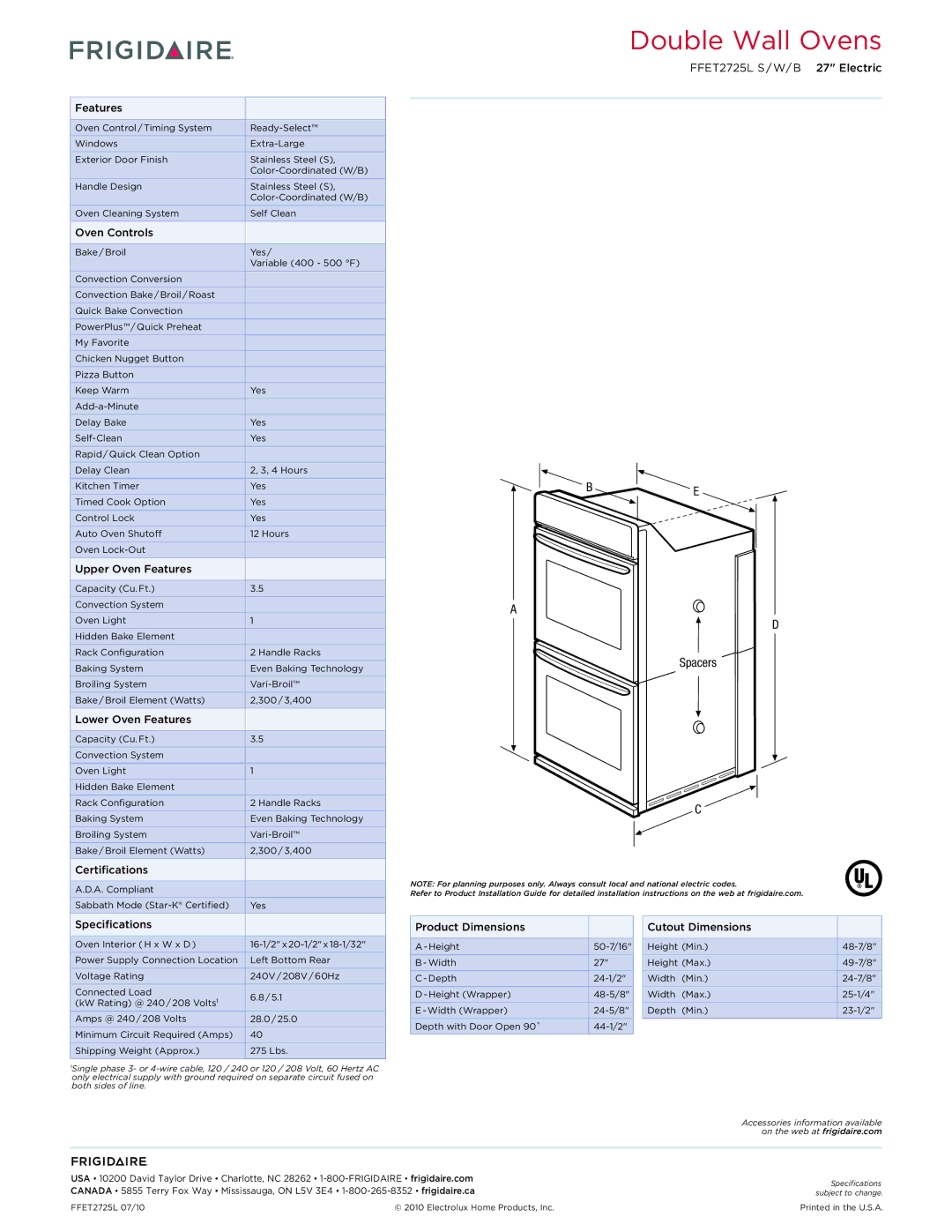 Frigidaire FFET2725L dimensions Spacers 