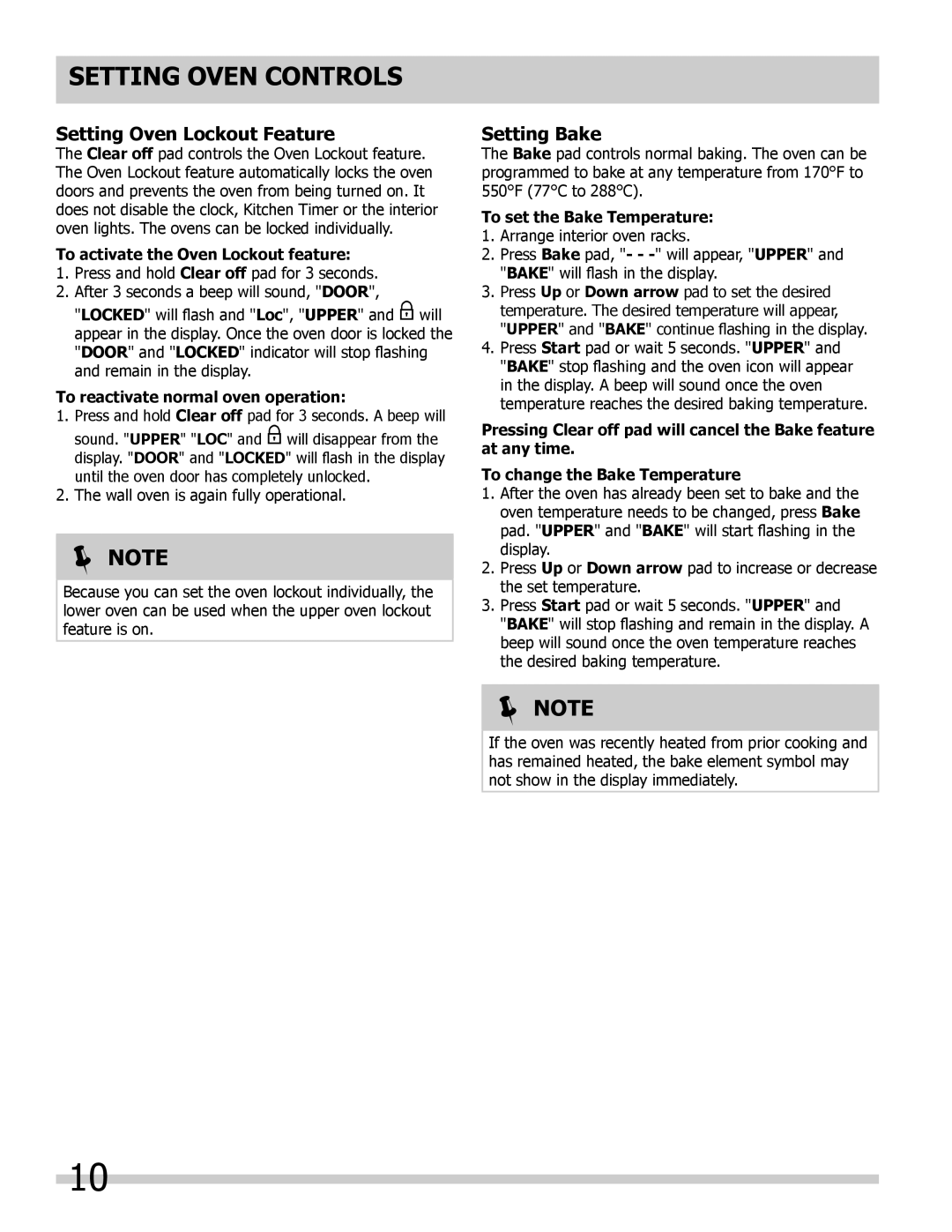 Frigidaire FFET2725LB, FFET3025LW Setting Oven Lockout Feature, Setting Bake, To activate the Oven Lockout feature 